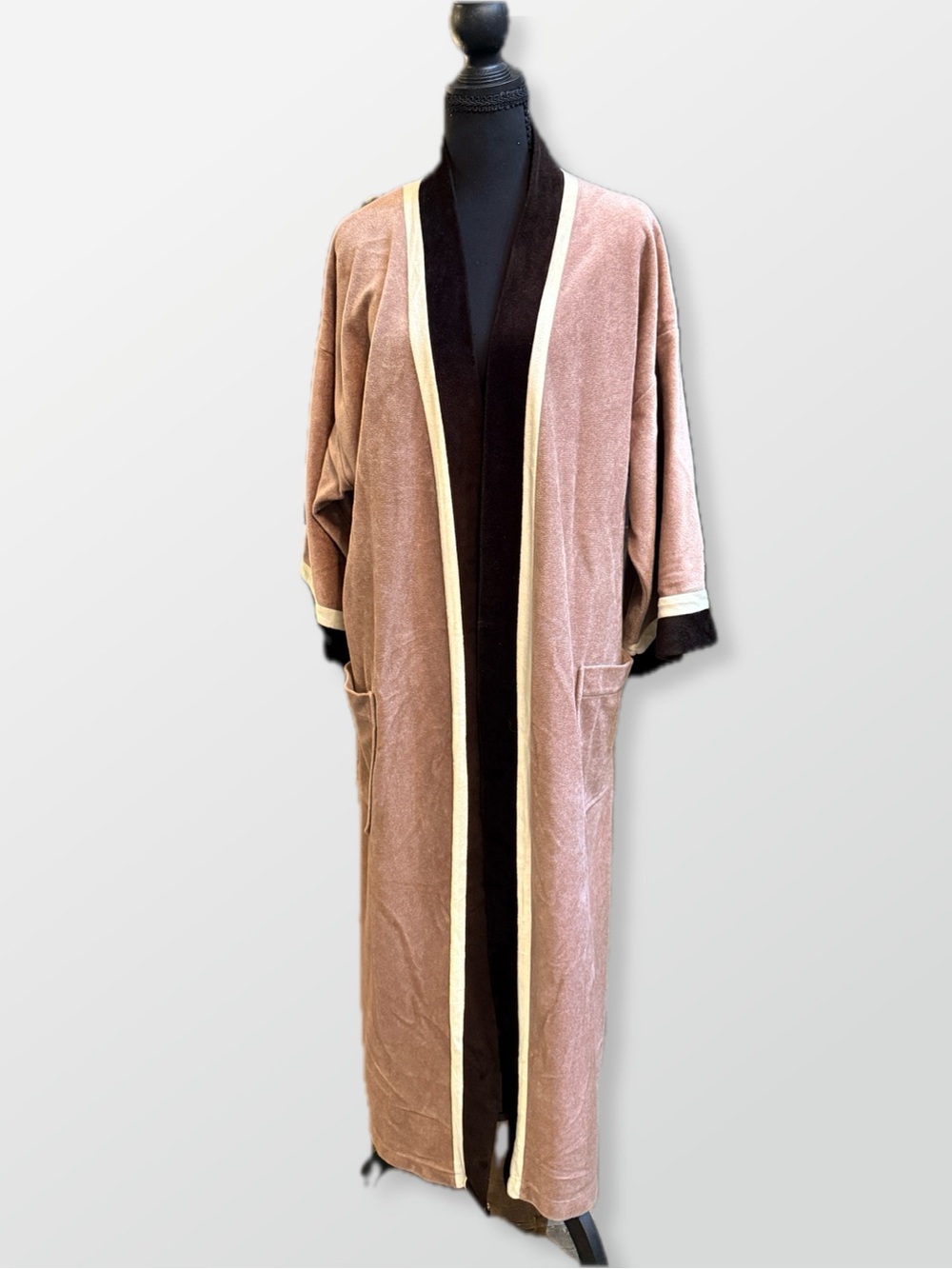 Vintage Christian Dior Monsieur Tan Velour Robe with Dark Brown Trim no Belt